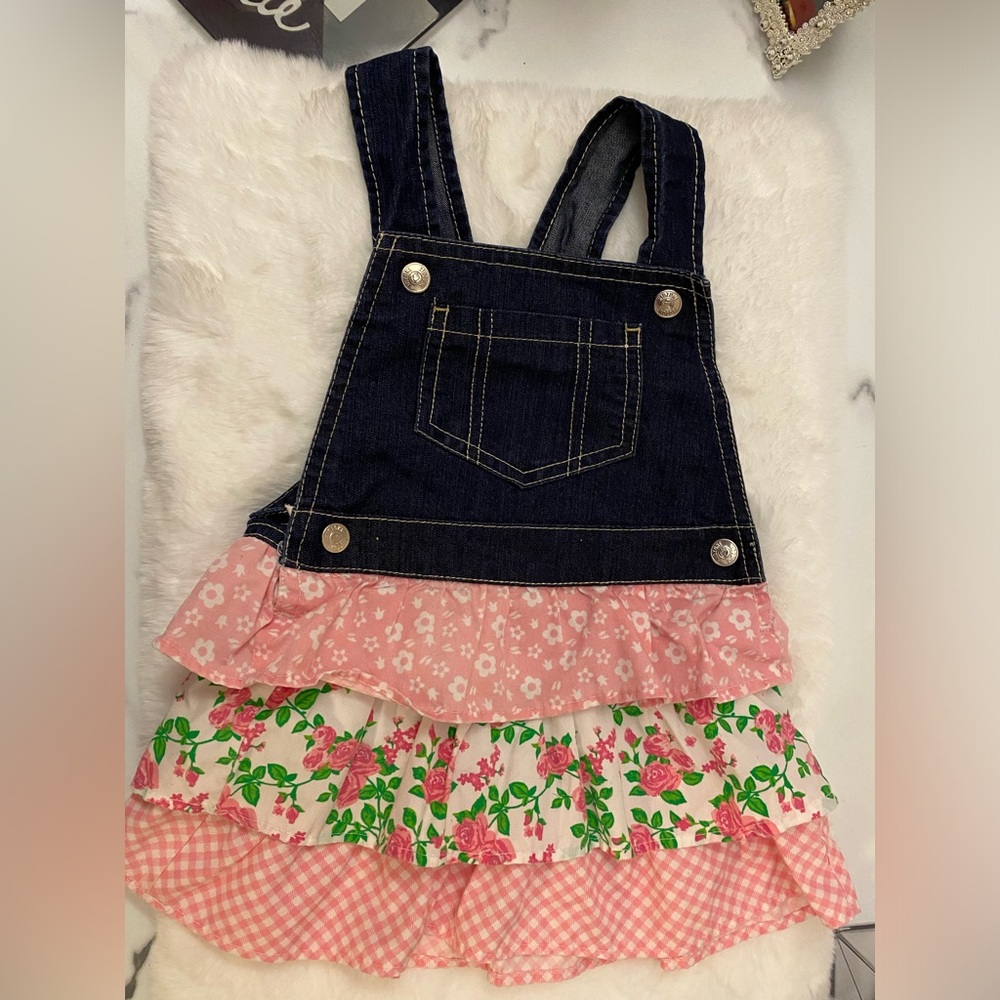 Kidzone toddler girl size 24 months overalls jumper dress pink floral denim jean